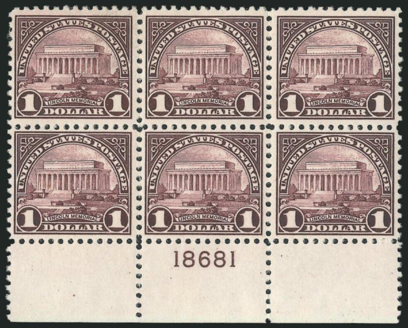 $1.00 Violet Black (571).> Mint N.H. bottom plate no. 18681 block of six, rich color on bright paper, Very Fine and choice