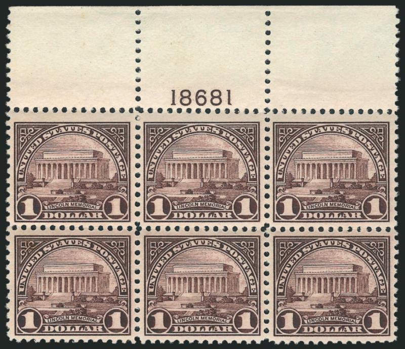 $1.00 Violet Black (571).> Mint N.H. top plate no. 18681 block of six, crisp impression and bright shade, couple small natural gum skips, Very Fine plate block