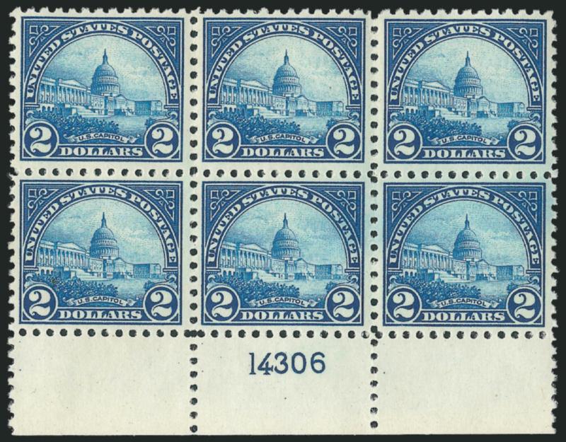 $2.00 Deep Blue (572).> Mint N.H. bottom plate no. 14306 block of six, radiant color, light natural gum bends, fresh and Very Fine