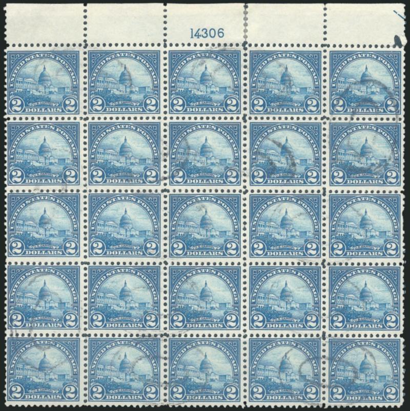 $2.00 Deep Blue (572).> Top plate no. 14306 block of 25 (5x5), light mute double oval cancels, hinge reinforced selvage, pos. 15 margin flaws, otherwise Fine-Very Fine, scarce, plate block of six unpriced
(Scott Retail unused hinged is $750.00)