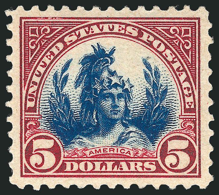 $5.00 Carmine Lake and Dark Blue (573a).> Mint N.H., wide margins and fresh colors, beautiful centering, Extremely Fine Gem, with 2008 P.S.E. certificate (XF-Superb 95 SMQ $760.00), also incl. No. 571 with
2007 P.S.E. certificate (VF-XF 85 SMQ $80.