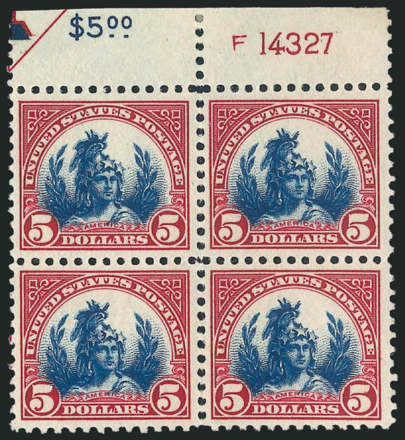 $5.00 Carmine Lake & Dark Blue (573a).> Block of four with top half arrow, $5.00 and red plate no. F14327 selvage, lightly hinged in selvage, stamps Mint N.H., magnificent strong colors, Very Fine-Extremely
Fine