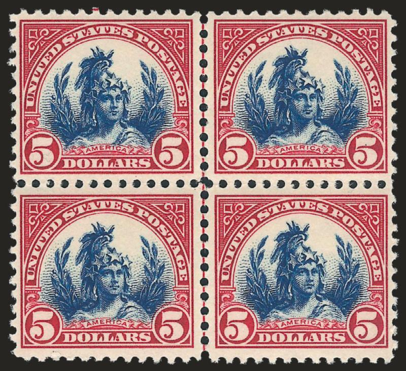 $5.00 Carmine Lake & Dark Blue (573a).> Mint N.H. block of four, Fine-Very Fine