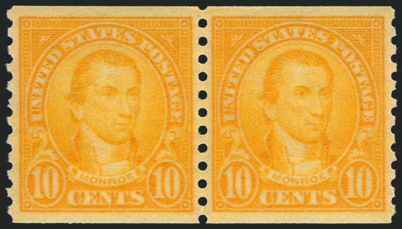 10c Orange, Coil (603).> Mint N.H. pair, mathematically perfect centering, vivid color, Extremely Fine Gem, a superb pair, with 2010 P.S.E. certificate (Gem 100 unpriced in SMQ above the grade of 98, SMQ
$275.00 as 98), this is the highest grade awa