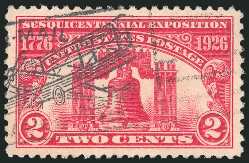 2c Sesquicentennial (627).> Huge margins with precise centering, rich color, neat strike of air mail illustrated biplane machine cancel, Extremely Fine Gem, a superb stamp, P.S.E. encapsulated (Superb 98 SMQ
$210.00), one of only two examples at thi