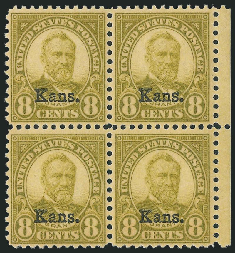 8c Kans. Ovpt. (666).> Mint N.H. block of four with right selvage, excellent centering, Very Fine