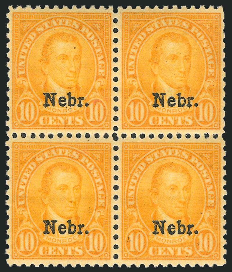 1c-10c Nebr. Overprints (669-679).> Mint N.H. blocks of four, fresh with choice centering virtually throughout, Very Fine