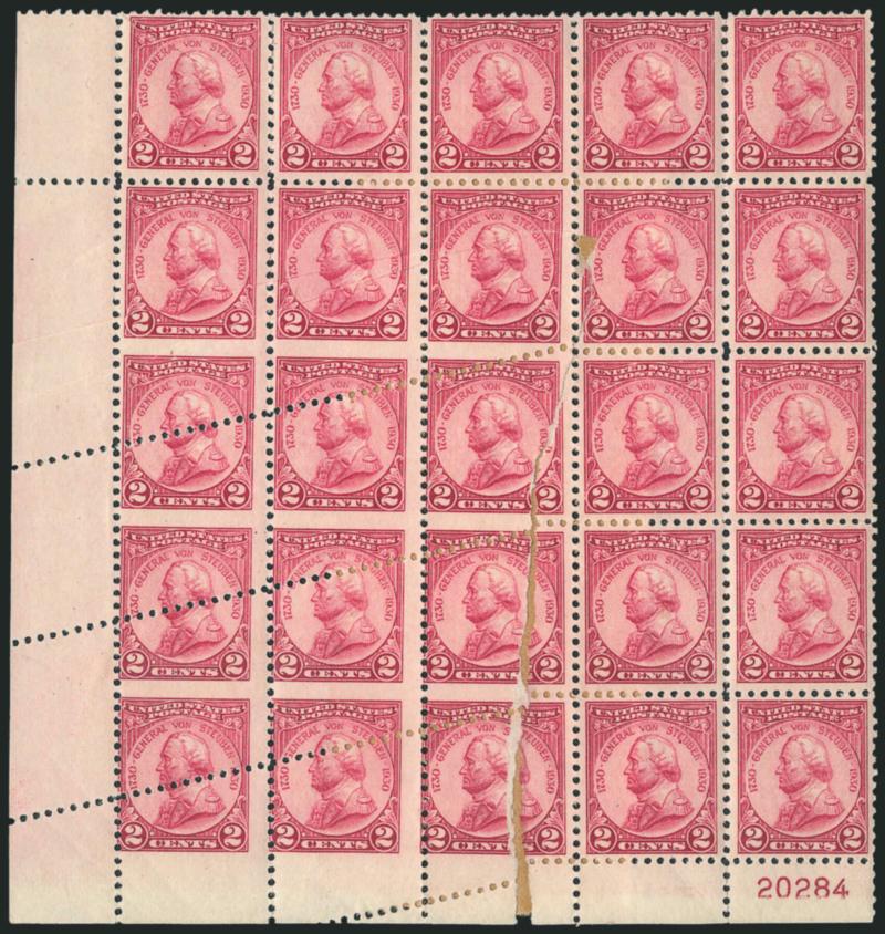 2c Von Steuben (689).> Bottom left corner plate no. 20284 block of 25 with <incredible freak perforations,> it appears that the sheet was creased and torn before the horizontal perfs were punched creating some
bizarre shaped imperf between stamps,