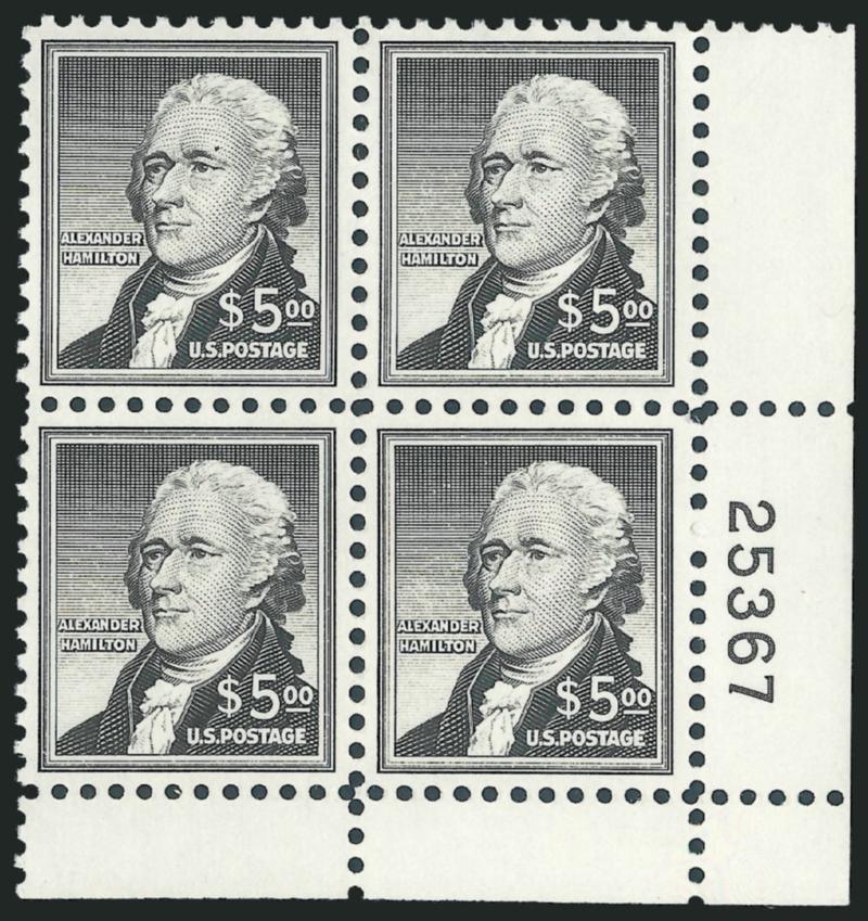 $5.00 Hamilton (1053).> Complete matched set of plate no. 25367 blocks of four, Mint N.H., Very Fine