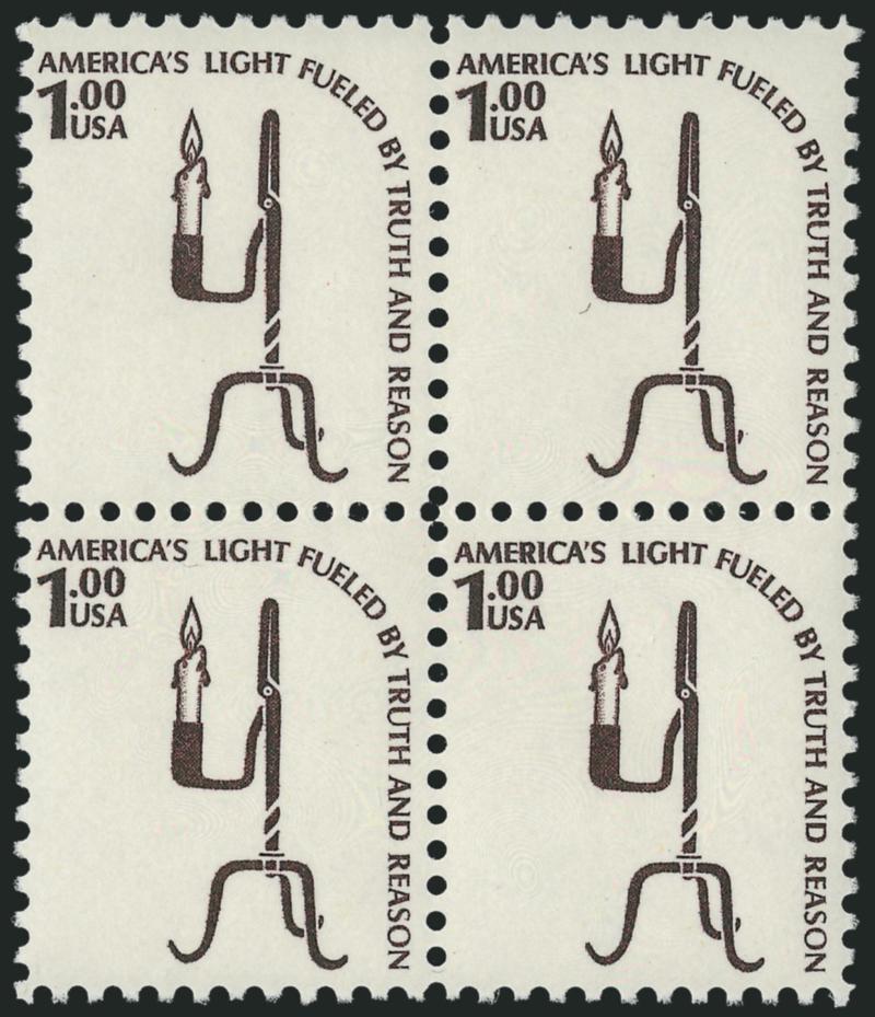 $1.00 Rush Lamp, Tan, Orange & Yellow Omitted (1610b).> Mint N.H. block of four, choice centering, fresh and Very Fine, also incl. plate no. 39076 block with partly missing Brown at left and with flame shifted
to bottom right, Scott Retail for 1610b