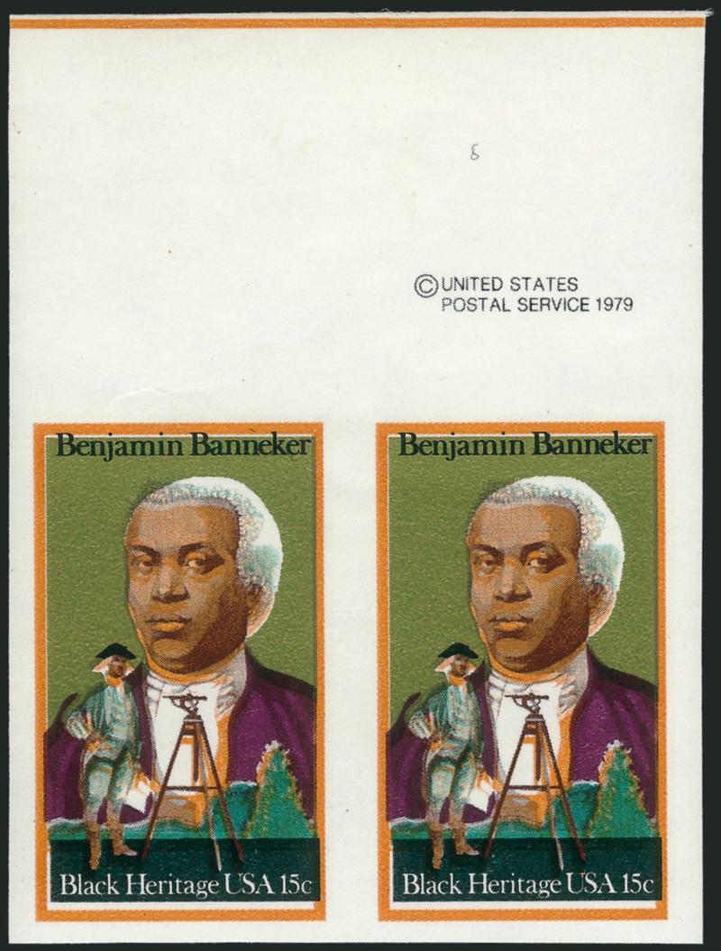 15c Benjamin Banneker, Imperforate Vertically (1804a).> Mint N.H. horizontal pair with top imprint selvage, Extremely Fine