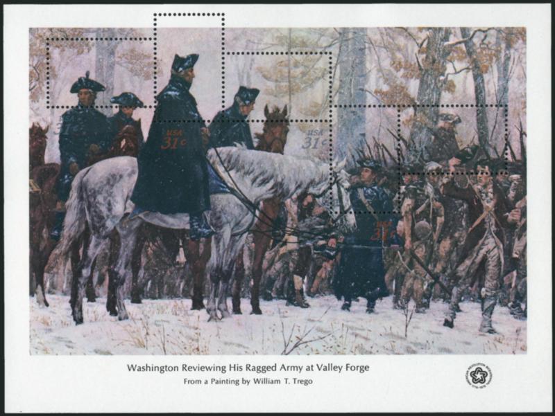 13c-31c Bicentennial Souvenir Sheets, USA and Denominations Omitted or Shifted (1686q, 1689w).> One of first and two of second, also four showing significant shifts with the denomination almost outside the
stamp on 13c, 18c and 24c (2) sheets, acco
