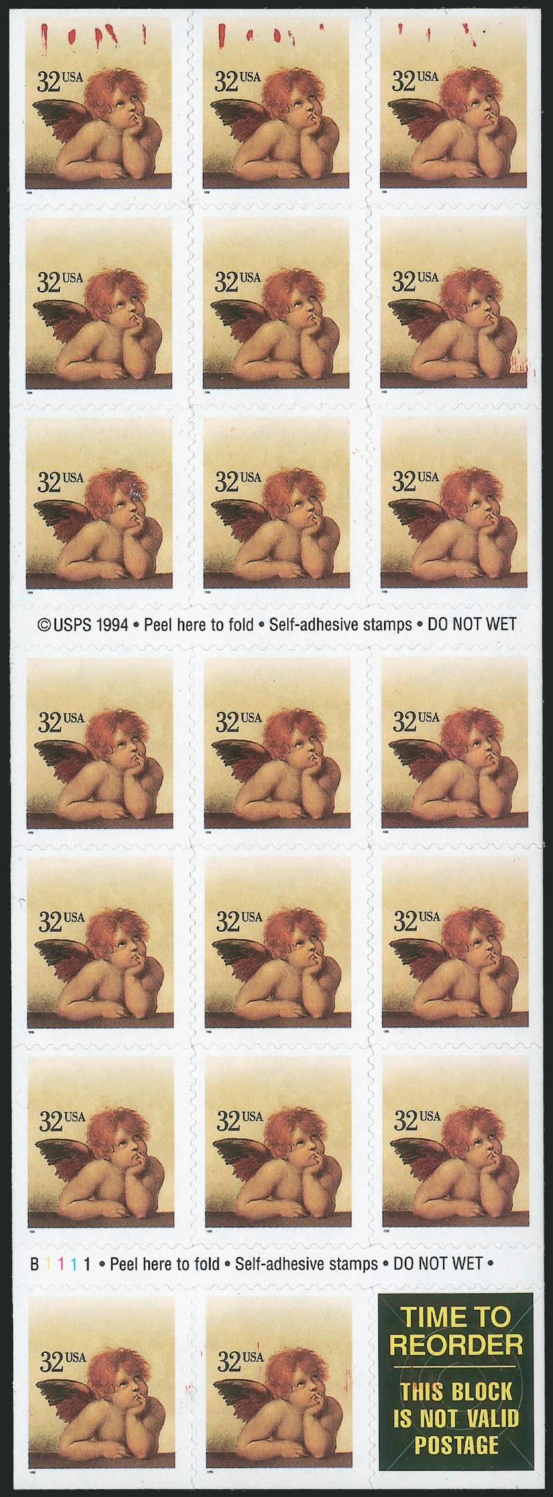 32c LOVE Booklet Pane of 20 Plus Label, Red Engraved LOVE Omitted (3030c).> Top three stamps with partial red LOVE printing, others missing the inscription (except pos. 20 with tiny specks of red, but not in
the area where the inscription would