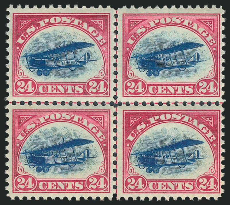 6c-24c 1918-23 Air Post (C1-C6).> Blocks of four, approx. 18 of the 24 stamps Mint N.H., two on C6 h.r., C3 centerline position, mostly Very Fine, fresh and attractive group