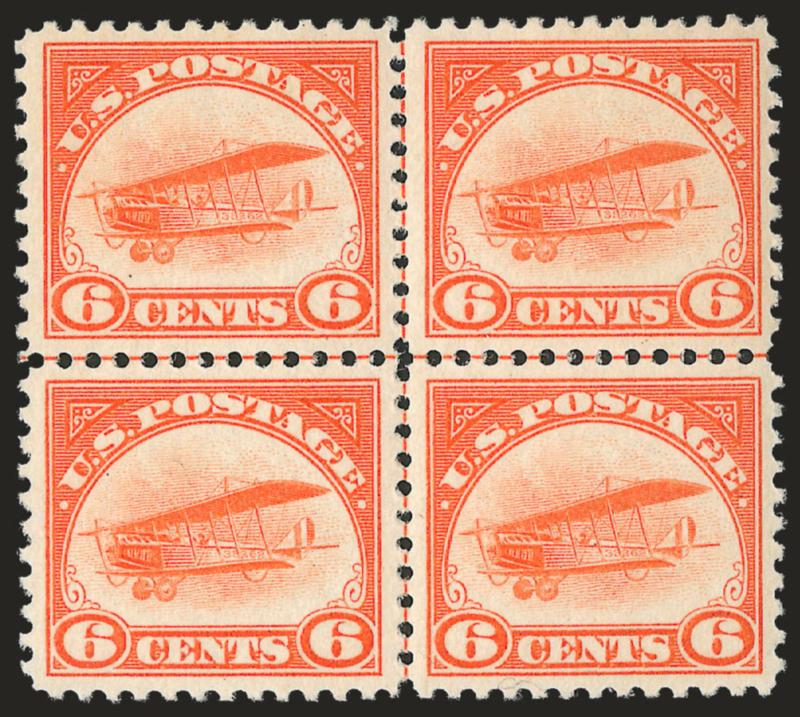 6c Orange, 1918 Air Post (C1).> Mint N.H. centerline block of four, beautifully centered, vivid color, Extremely Fine, Scott Retail as four Mint N.H. singles
