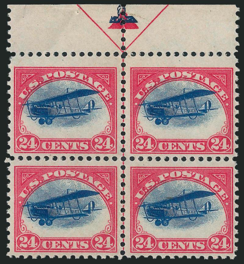 24c Carmine Rose & Blue, 1918 Air Post (C3).> Top margin block of four with arrow, lightly hinged, all four stamps with <vignettes shifted significantly upwards> into the frame (high-flyer), bright colors,
wide margins, Very Fine, Scott Retail for no