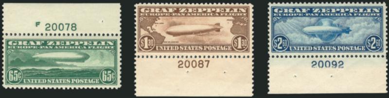 65c-$2.60 Graf Zeppelin (C13-C15).> Mint N.H. set of plate no. singles, 65c top, other two bottom, first two with gum skips and natural slightly short gum, wide margins and nice centering, Very Fine, Scott
Retail with no premium for the positions