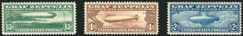 65c-$2.60 Graf Zeppelin (C13-C15).> Mint N.H., wide margins, 65c tiny corner perf crease at top left could most likely be removed, Very Fine-Extremely Fine set