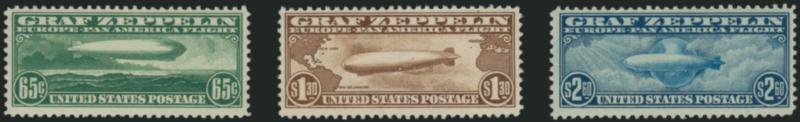 65c-$2.60 Graf Zeppelin (C13-C15).> Mint N.H., last two natural gum bends or wrinkles, otherwise Very Fine, each with either 2007 or 2008 P.S.E. certificate (no mention of gum bends or wrinkles)