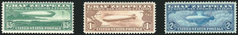 65c-$2.60 Graf Zeppelin (C13-C15).> Mint N.H., bright colors and wide margins, two higher values particularly nice, Fine-Very Fine