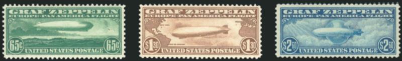 65c-$2.60 Graf Zeppelin (C13-C15).> Single hinge mark on each, bright colors and well-centered, Very Fine
