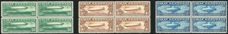 65c-$2.60 Graf Zeppelin (C13-C15).> Blocks of four, unused (no gum), gorgeous centering, $2.60 value small adherence on back of bottom right stamp barely shows thru, otherwise Extremely Fine, Scott Retail as
original gum