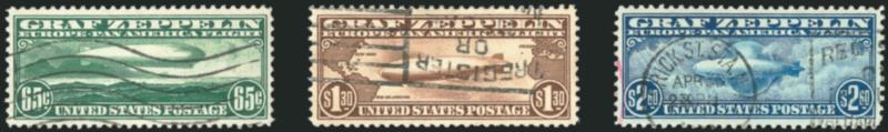 65c-$2.60 Graf Zeppelin (C13-C15).> Attractively centered, machine cancels, 65c reperfed at left and $2.60 tiny tear in top corner (still graded F-VF 75), $1.30 sound, P.S.E. graded XF 90, Very Fine-Extremely
Fine appearance, each with 2010 P.S.E. ce