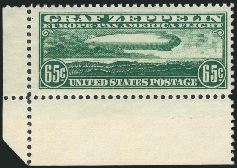 65c Graf Zeppelin (C13).> Mint N.H. with bottom left corner selvage, unusually wide margins due to the position, Very Fine and choice, with 2010 P.F. certificate for block