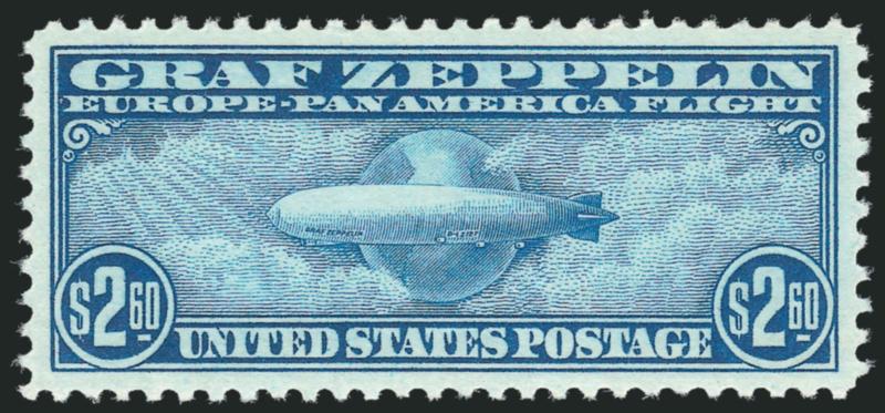 $2.60 Graf Zeppelin (C15).> Mint N.H., incredibly intense shade and impression, perfectly centered on bright paper with wide margins<><>^EXTREMELY FINE GEM. A SUPERB MINT NEVER-HINGED EXAMPLE OF THE $2.60 GRAF
ZEPPELIN ISSUE, WHICH HAS BEEN GRADED