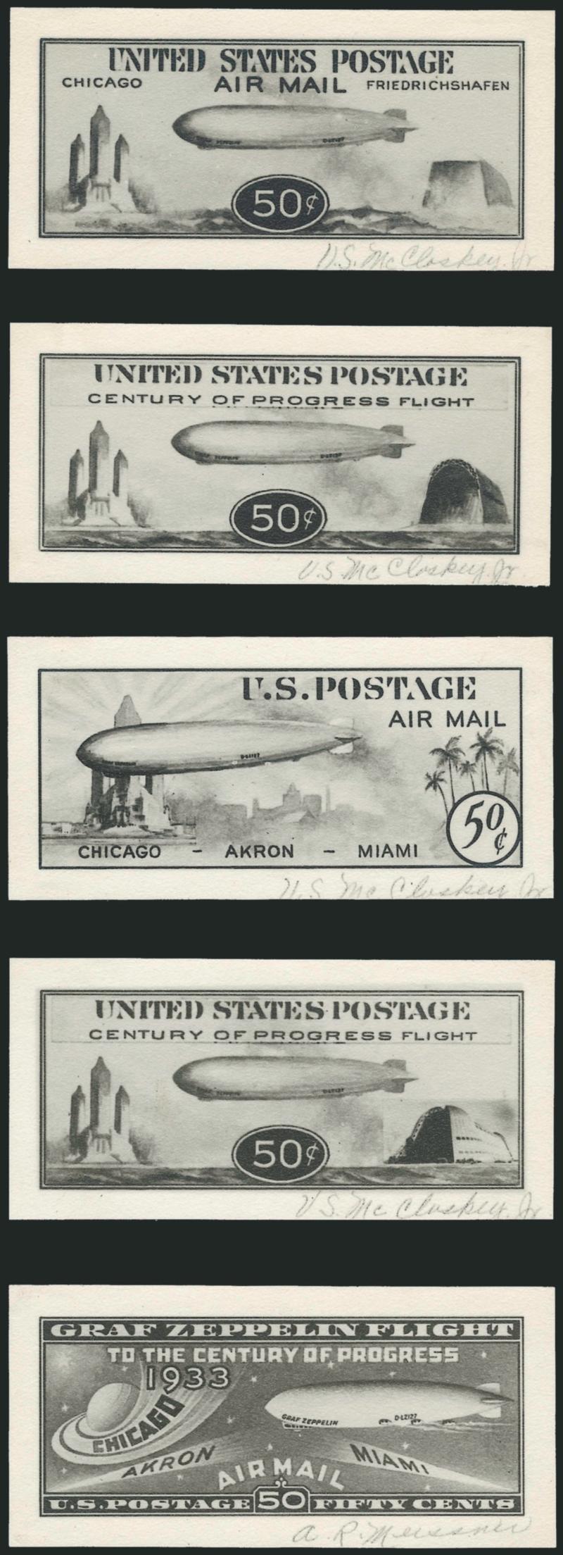 50c Chicago Zeppelin, Photographic Essays (C18).> Five different, each 87 x 41 mm, two are completely different from the approved design, the other three show development of the accepted design, four signed by
the designer Victor S. McCloskey, Jr., t
