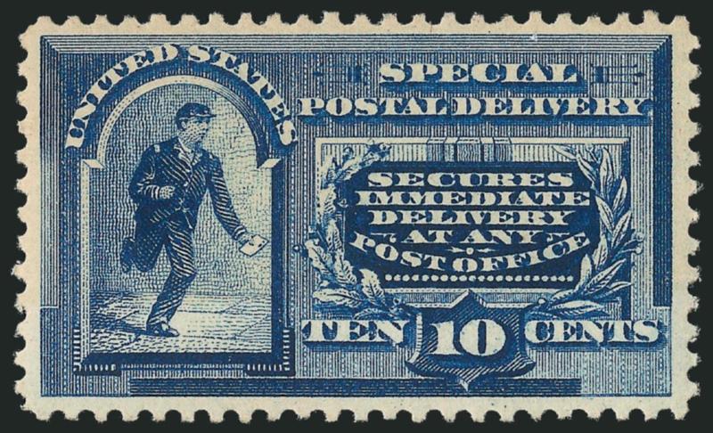 10c Blue, Special Delivery (E2).> Original gum, lightly hinged, attractive margins and centering, rich color, Very Fine and choice, with 1985 and 1993 P.F. and 2006 P.S.E. certificates (VF-XF 85 SMQ
$540.00)