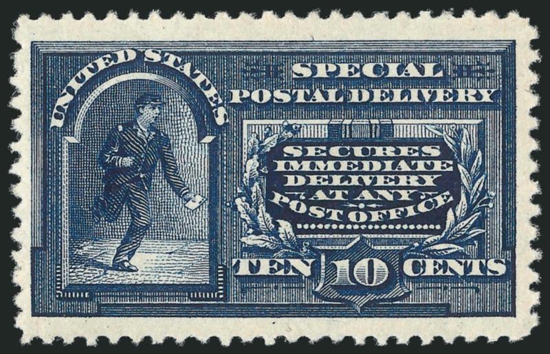 10c Blue, Special Delivery (E4).> Original gum, lightly hinged, wide margins of near Jumbo dimensions, beautiful dark color and clear impression, Very Fine and choice, with 2008 P.S.E. certificate