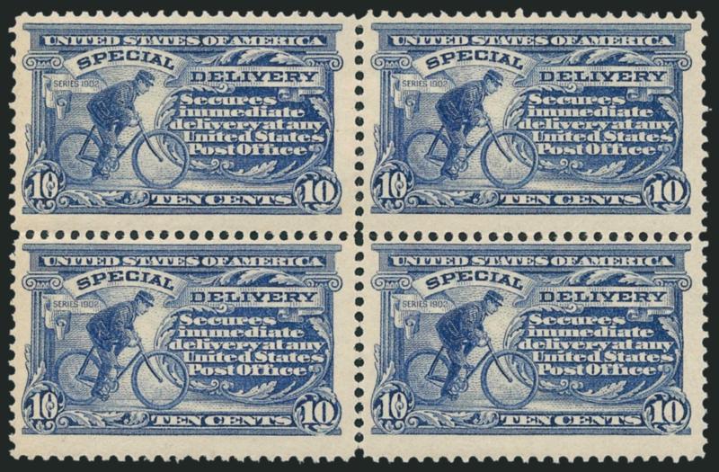 10c Ultramarine, Special Delivery (E6).> Block of four, one Mint N.H., fresh and bright, Fine-Very Fine