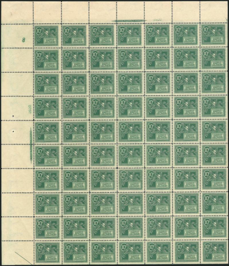 10c Green, Special Delivery (E7).> Mint N.H. complete pane of 70 (corner s.e. pos. 70 lightly hinged) with top and left imprint and plate no. 4920 blocks of six, fresh, bright color, Very Fine