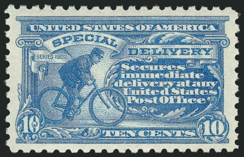 10c Pale Ultramarine, Special Delivery (E10).> Mint N.H., pretty pastel shade on bright paper, reperfed at bottom (not mentioned on accompanying certificate), Very Fine appearance, with 1996 P.F. certificate
as sound