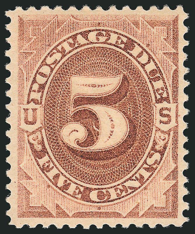 5c Brown (J4).> Mint N.H., precise centering with well-balanced margins, bright shade and detailed impression on crisp paper<><>^EXTREMELY FINE. EASILY ONE OF THE FINEST EXAMPLES OF THIS STAMP IN EXISTENCE.
THIS IS ONE OF THE MOST DIFFICULT OF ALL
