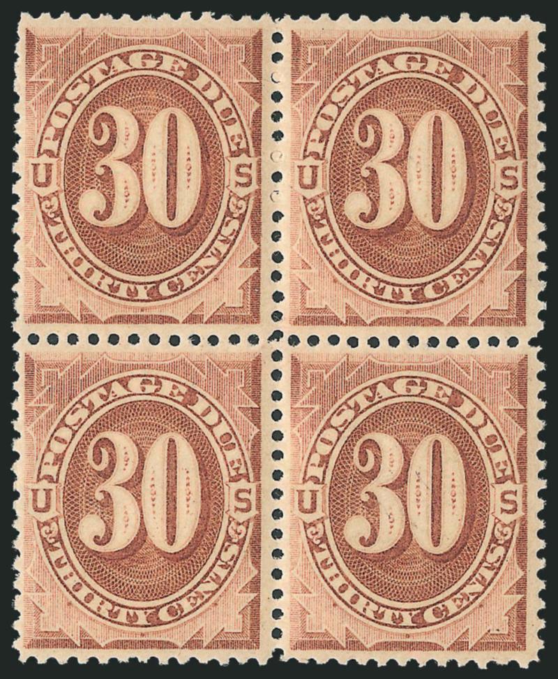 30c Brown (J6).> Block of four, original gum, lightly hinged, detailed impression on fresh paper, single perf at top left not fully punched, still Extremely Fine, a beautiful block