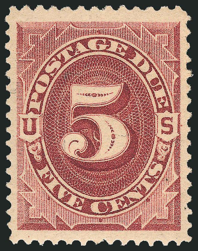 5c Red Brown (J18).> Original gum, barest trace of what may be hinging, huge margins, outstanding centering, warm color on crisp paper, Extremely Fine, a beautiful stamp, with 1997 P.F. certificate as Mint
N.H. and 2009 P.S.E. certificate (OGph, XF 9