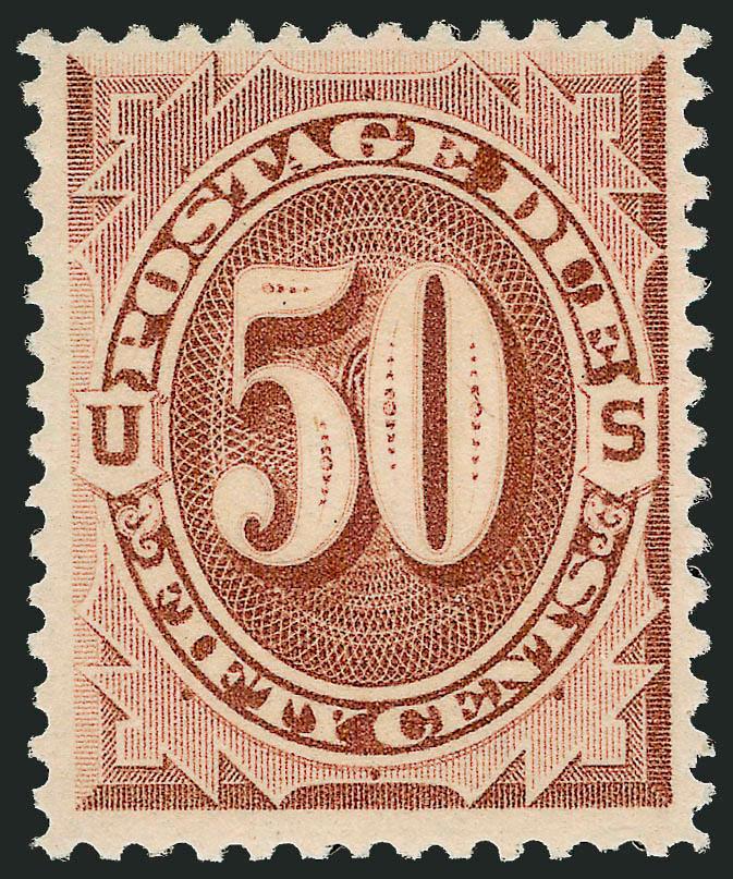 50c Red Brown (J21).> Mint N.H., rich color, proof-like impression, choice centering for this difficult issue<><>^VERY FINE. A RARE MINT NEVER-HINGED EXAMPLE OF THE 50-CENT 1884 POSTAGE DUE ISSUE.^<><>We have
only offered seven Mint N.H. examples