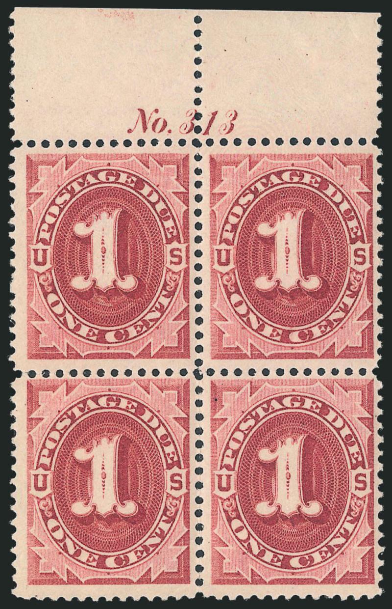 1c Bright Claret (J22).> Two blocks, first Mint N.H. block of four with top plate no. 313 selvage , bright color and nice centering, Very Fine, second lightly hinged block of four, slightly deeper shade than
the first, choice centering, Very Fine, hi