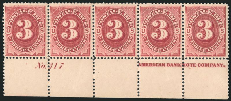 3c Bright Claret (J24).> Bottom imprint and plate no. 317 strip of five, original gum, lightly hinged, bright color and attractive margins, Very Fine, Scott Retail as singles with no premium for the
position
