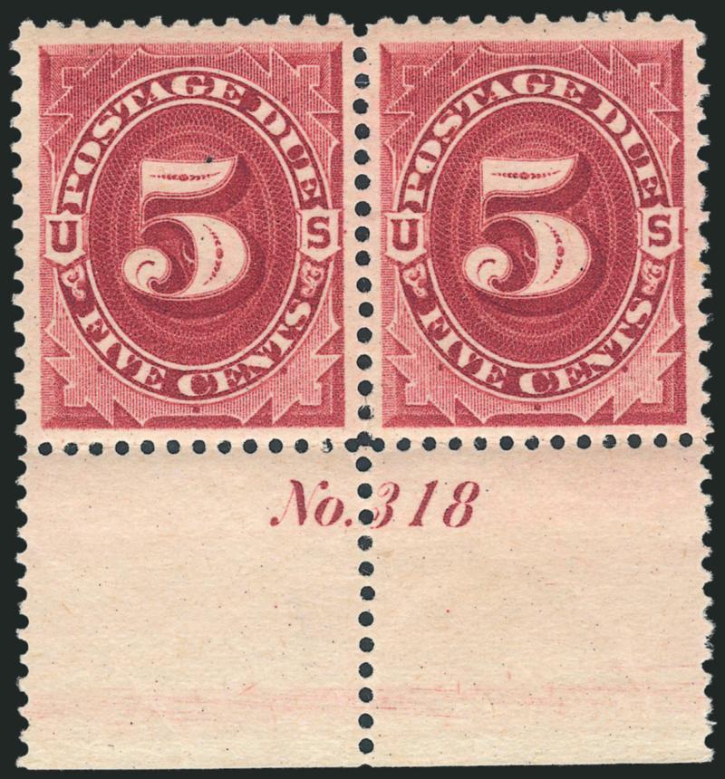 5c Bright Claret (J25).> Bottom plate no. 318 pair, original gum, vivid color, wide margins, Very Fine and choice, Scott Retail as singles with no premium for the position