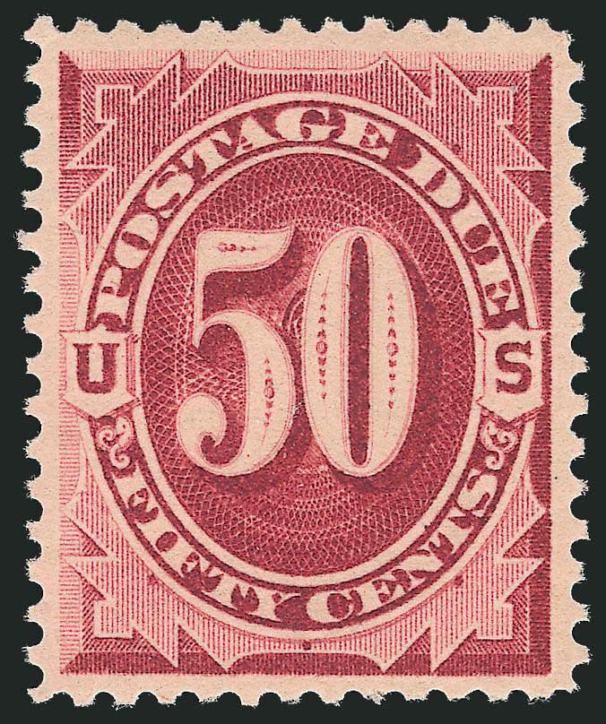 50c Bright Claret (J28).> Mint N.H., intense shade and proof-like impression, long and full perforations all around<><>^EXTREMELY FINE. A BEAUTIFUL MINT NEVER-HINGED EXAMPLE OF THE 1891 50-CENT POSTAGE
DUE.^<><>With 2010 P.S.E. certificate