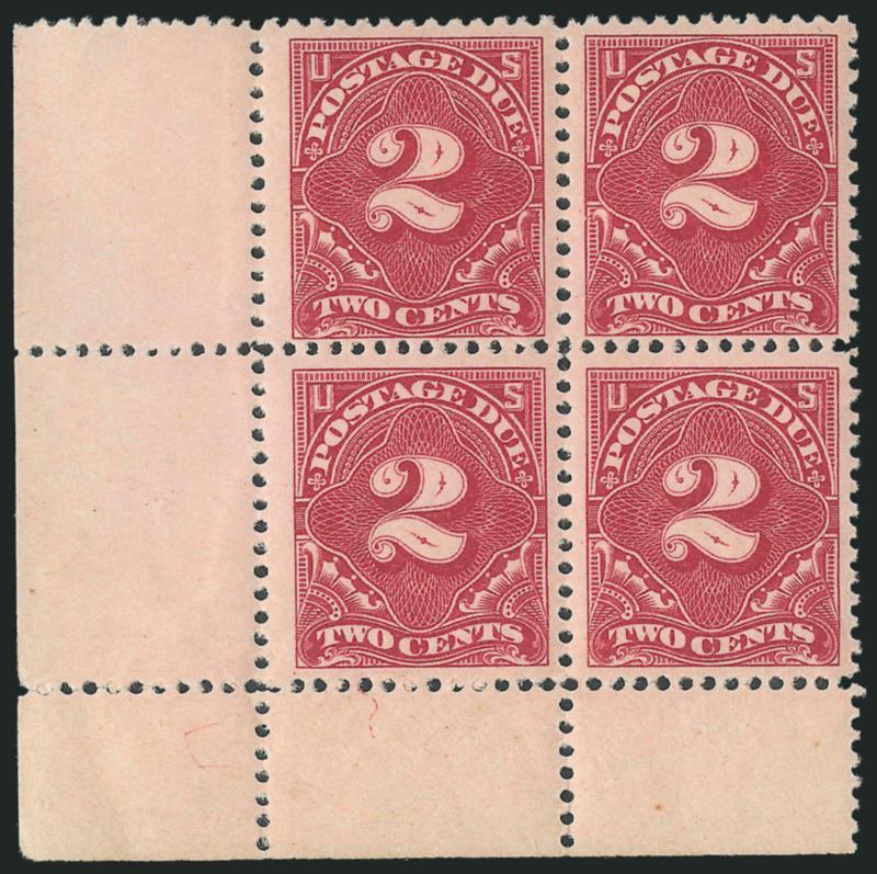 2c Deep Claret (J32).> Mint N.H. block of four with bottom left corner selvage, fresh and bright, Fine-Very Fine, bottom pair very attractive, Scott Retail as four Mint N.H. singles