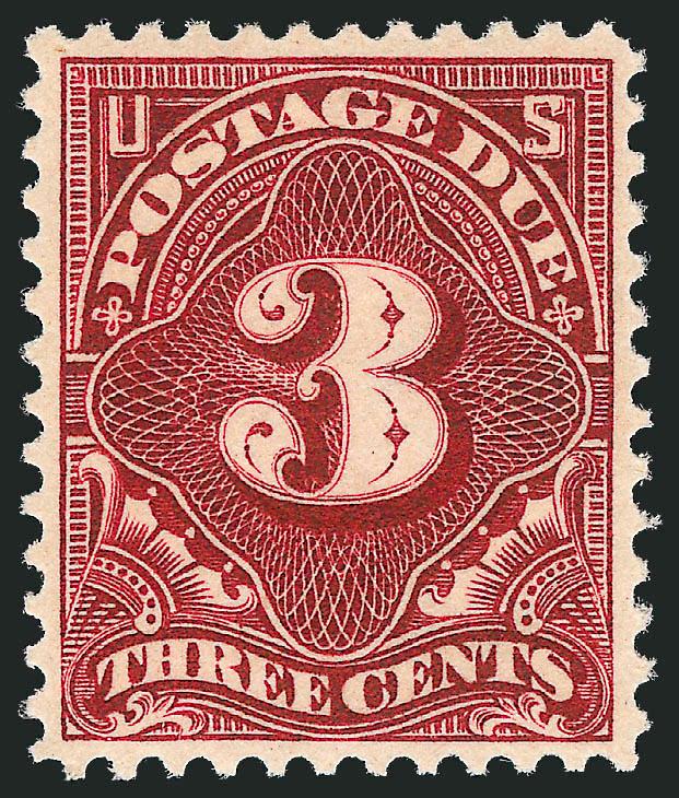 3c Deep Claret (J47).> Mint N.H., deep rich color and sharp impression on bright paper, choice centering with well-proportioned margins<><>^EXTREMELY FINE MINT NEVER-HINGED EXAMPLE OF THE 3-CENT PERF 12
SINGLE-LINE WATERMARK POSTAGE DUE.^<><>Desp