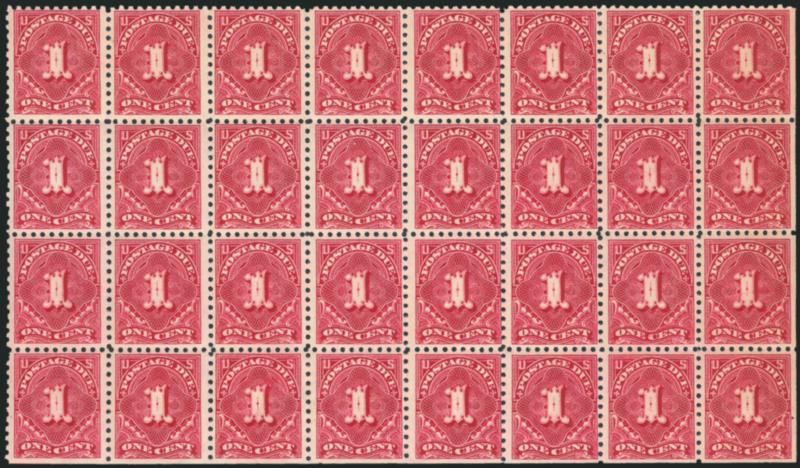1c Carmine Lake (J52).> Mint N.H. block of 32, showing both 2mm and 3mm spacing, natural s.e. at right and bottom, bright color, fresh and Fine-Very Fine, a rare large multiple, apart from panes of 100 offered
in our 1992 and 2001 Rarities sales, thi