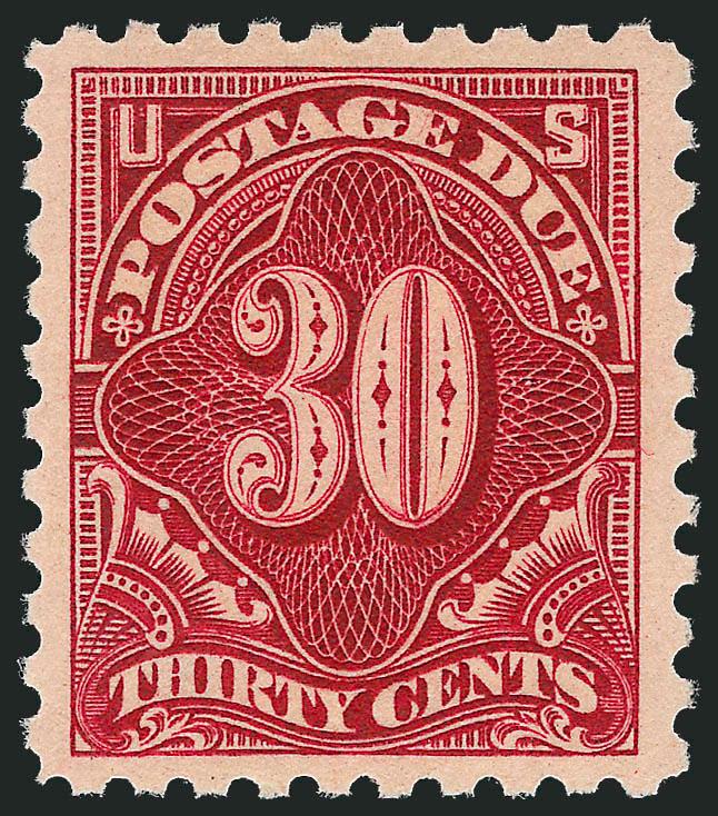 30c Carmine Lake (J57).> Mint N.H., intense color on bright paper, long and full perforations all around, Very Fine and choice, with 2010 P.S.E. certificate (VF-XF 85 SMQ $750.00)