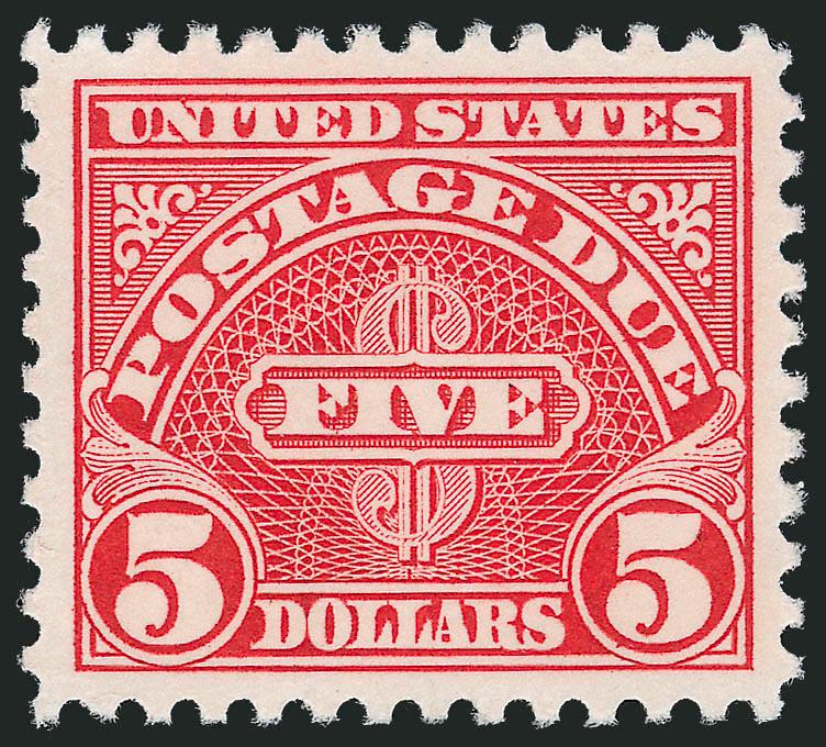 $5.00 Scarlet (J78a).> Mint N.H., vivid color and proof-like impression, essentially perfectly centered with wide margins, Extremely Fine Gem, with 2007 P.S.E. certificate (XF-Superb 95 SMQ $250.00)