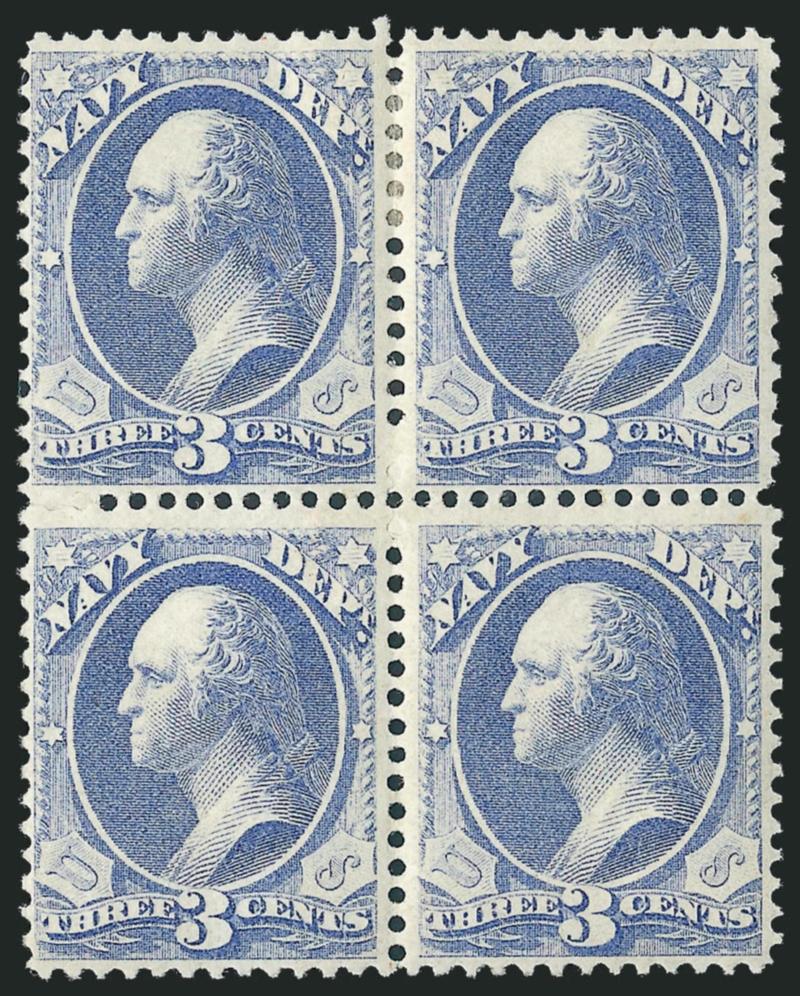 3c Navy, Dull Blue (O37a).> Block of four, original gum, h.r., lovely pastel color, Fine-Very Fine