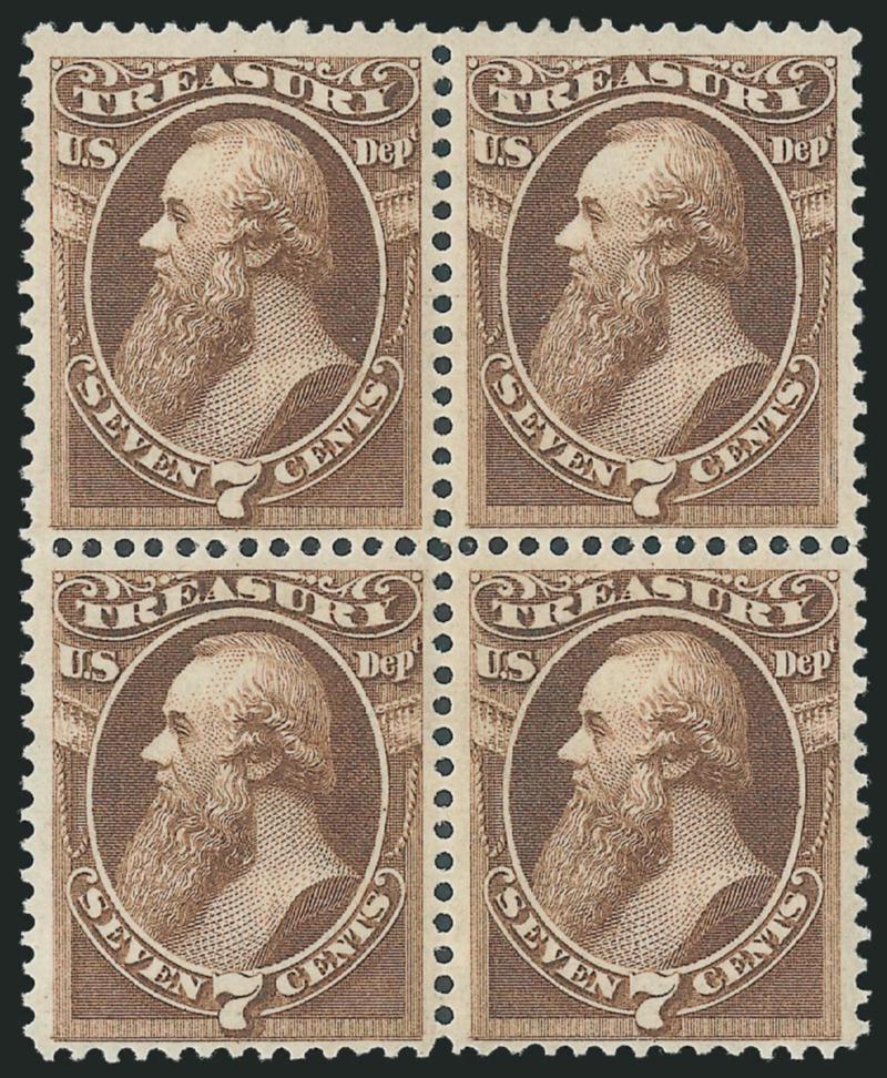 7c Treasury (O76).> Block of four, original gum, attractively centered, fresh, attractive color, Fine-Very Fine, scarce and desirable block of four